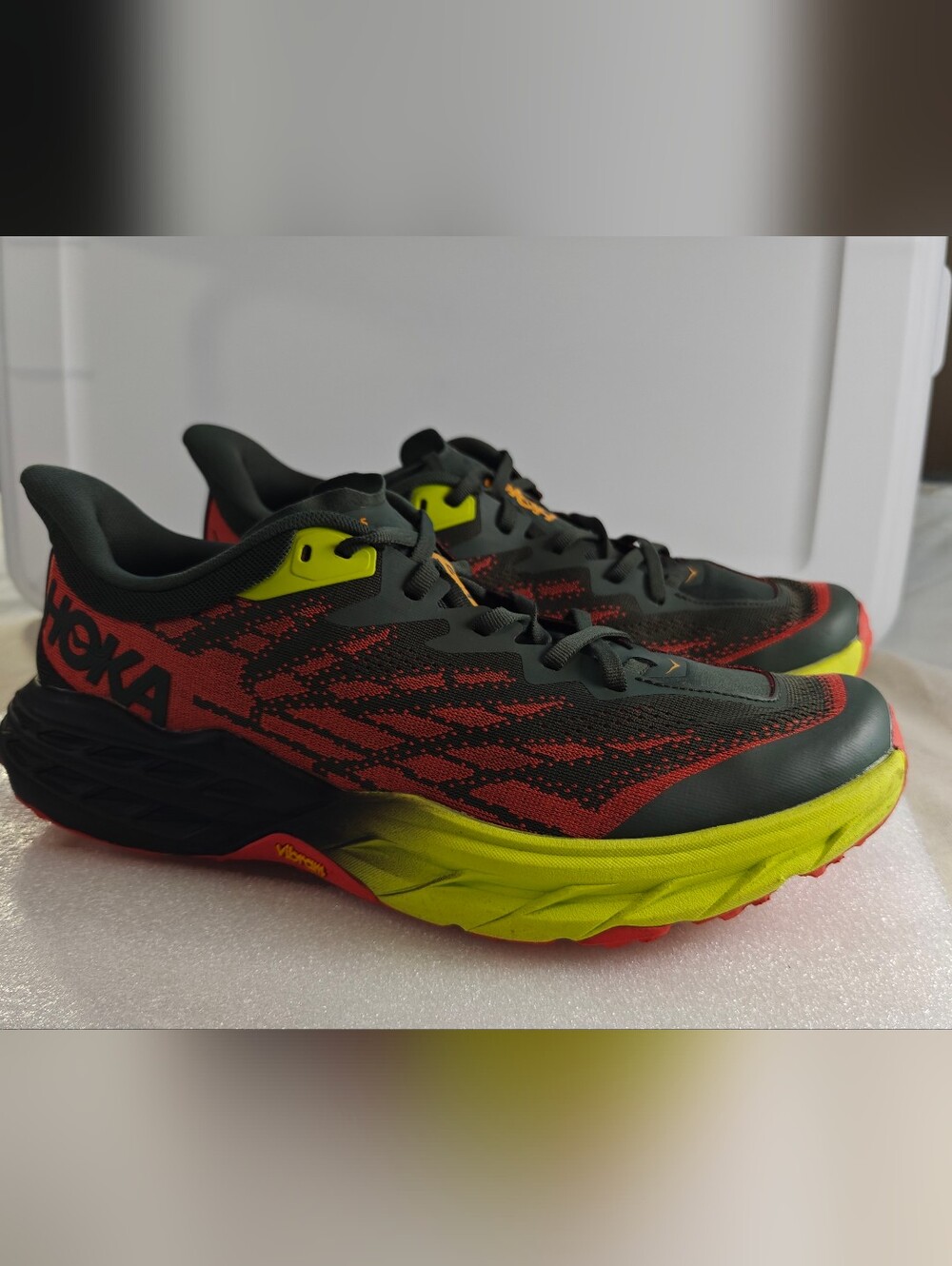 HOKA One Speedgoat 5 Thyme/Fiesta Trail Running Hiking Shoes Men's Size 12D